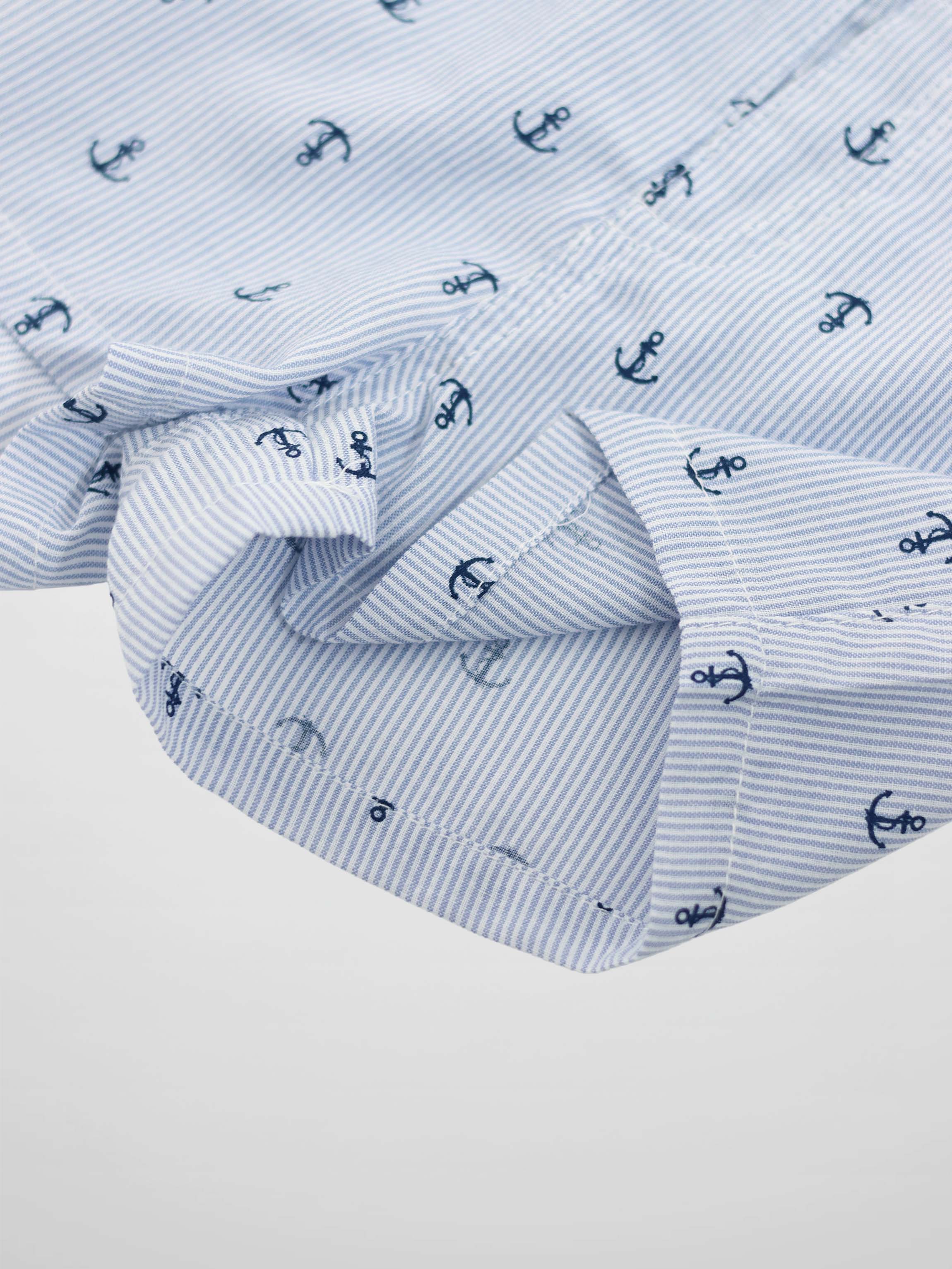 Anchor Shorts for boys by Adee, light blue striped fabric with navy anchor prints