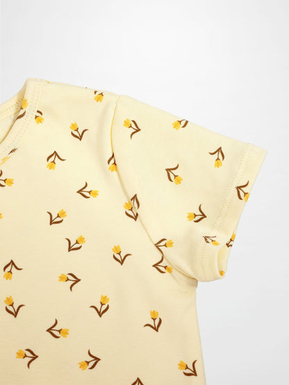 Adee Butter Yellow Tulip T-Shirt for girls, short sleeves with small yellow tulip floral print