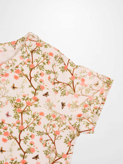 Adee Spring Floral Short Sleeve T-Shirt for girls, pink with floral branches and butterflies
