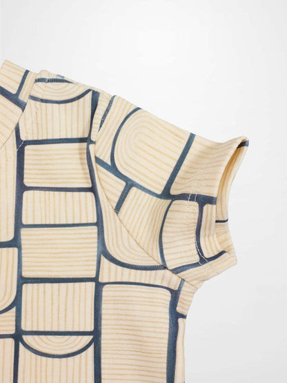 Abstract T-shirt for boys with light-blue geometric blocks on beige fabric, short sleeves