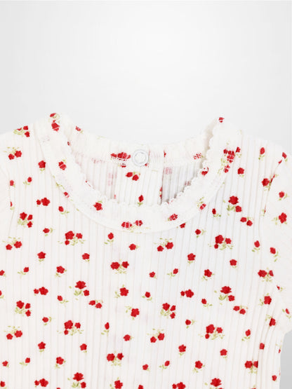 Red Flower Stretchy girls top in white ribbed knit with tiny red flowers scattered