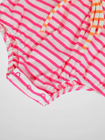 Neon Pink Striped Romper by Adee for girls with orange-striped drawstring and snap leg closures
