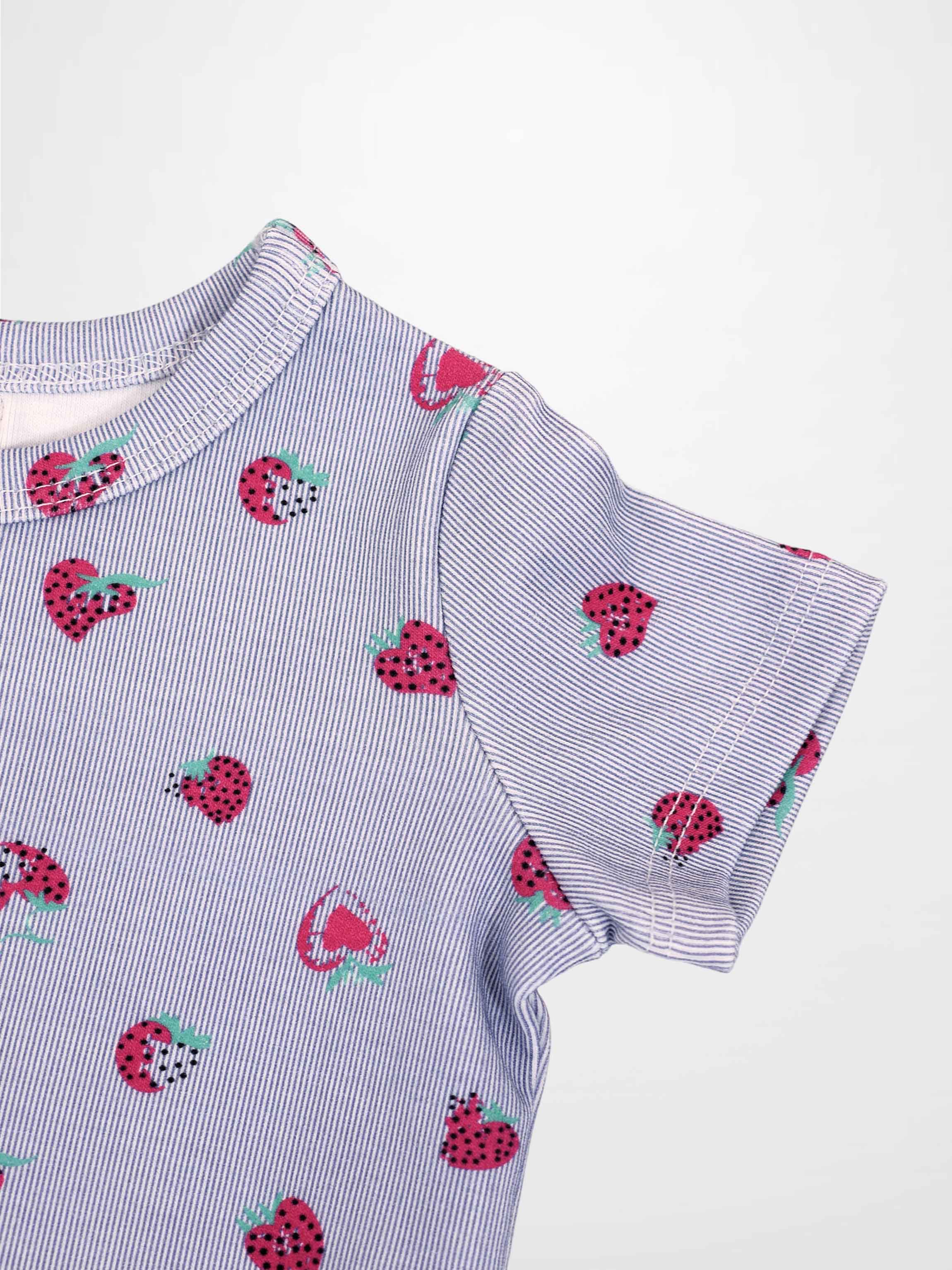 Strawberry Bloomers Set for little girls, lavender striped fabric with pink strawberry prints, short sleeves.