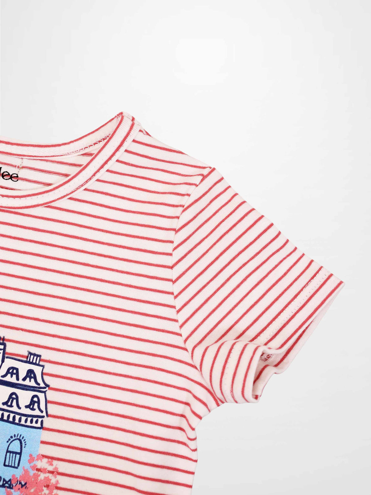 Little Paris Short Sleeve T-Shirt by Adee, red-and-white striped girls top with a blue graphic.