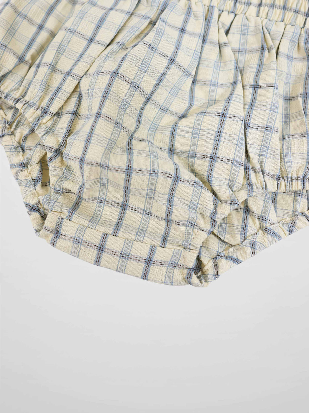 Plaid bloomers for boys, beige and light blue plaid fabric with elastic waist and leg openings