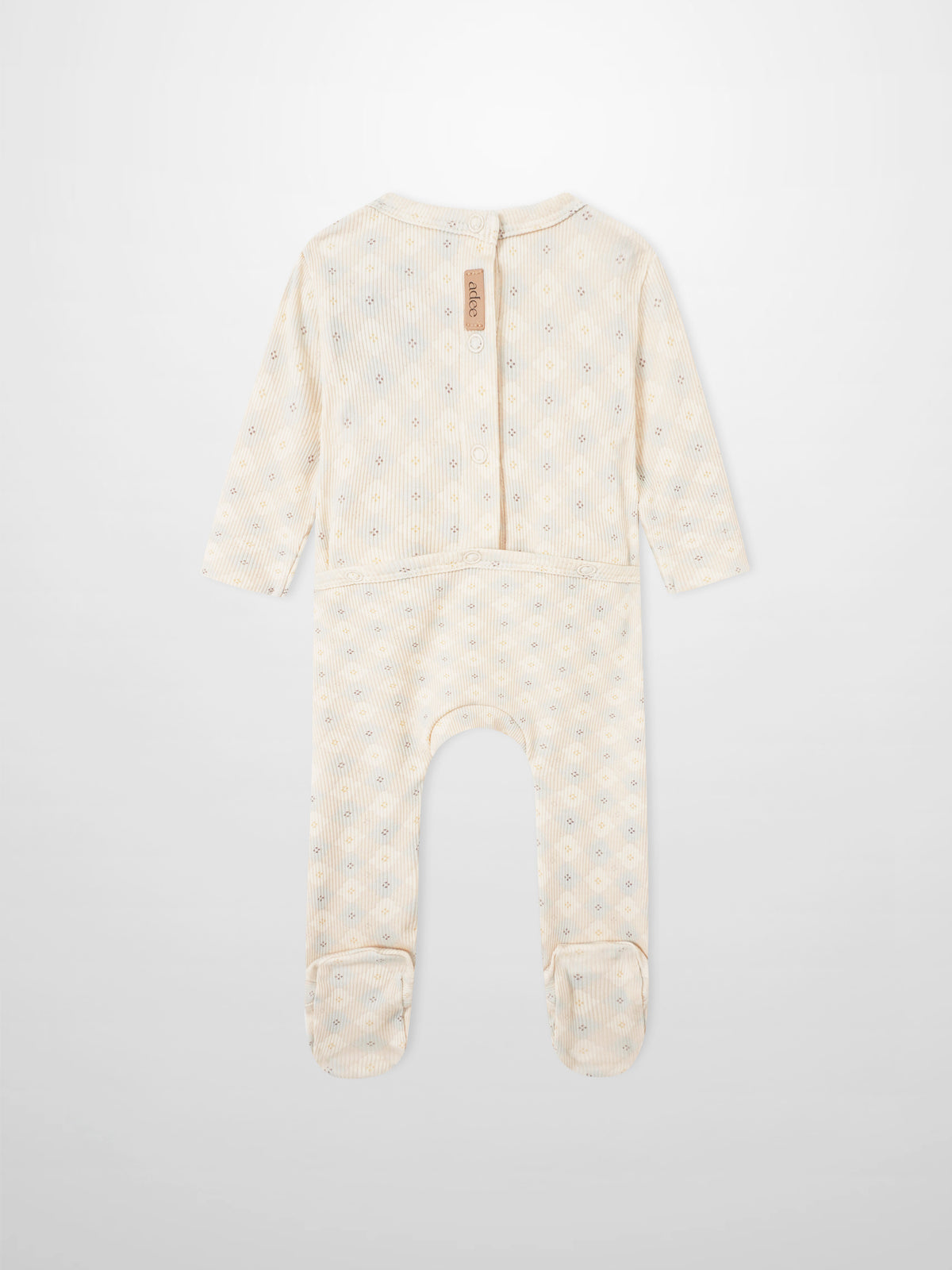 Little Button Stretchy - Blue boys romper by Adee; striped fabric with tiny floral motifs and back snap closure.