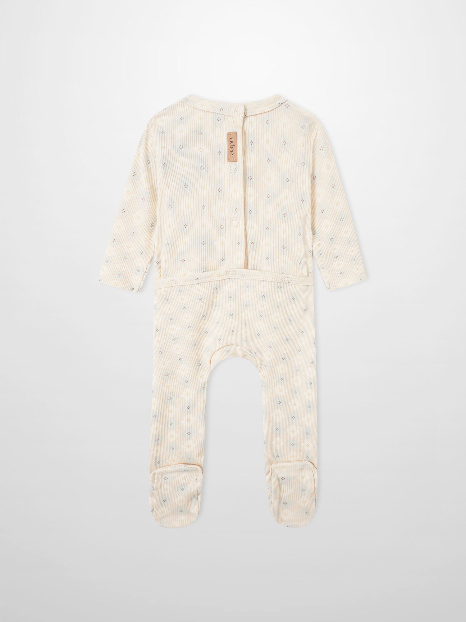 Little Button Stretchy - Blue boys romper by Adee; striped fabric with tiny floral motifs and back snap closure.