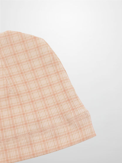 Oatmeal Grid Hat - Pink, baby girl hat in light beige plaid fabric