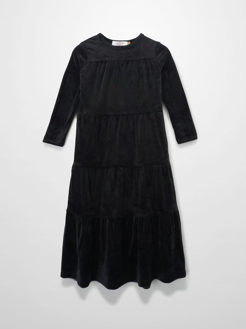 Tiered black velour dress for girls with long sleeves, maxi length.