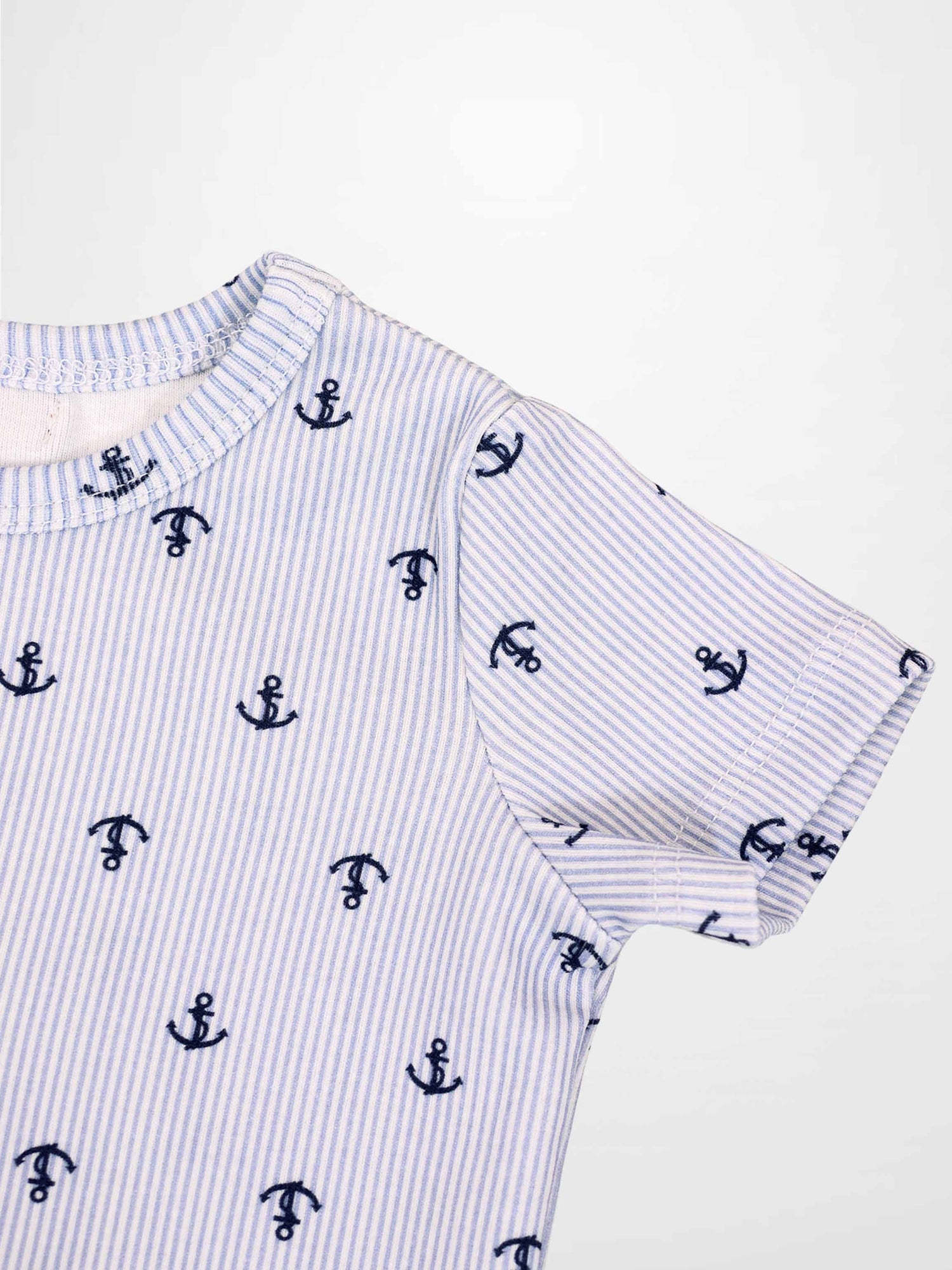 Anchor Set - Blue little boys short-sleeve shirt with navy anchor prints on light blue striped fabric