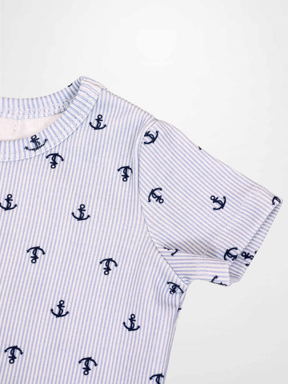 Anchor Set - Blue little boys short-sleeve shirt with navy anchor prints on light blue striped fabric