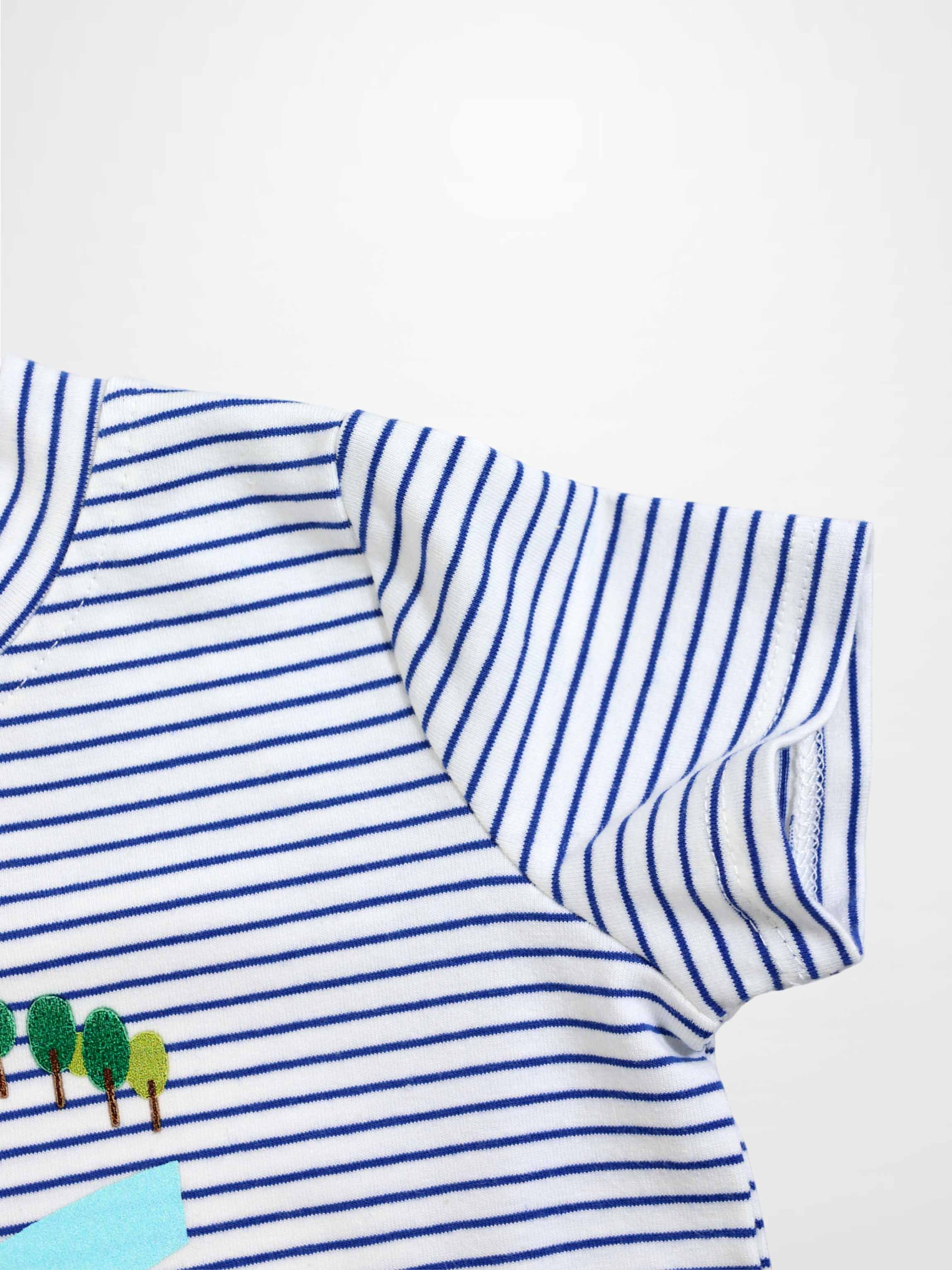 Eiffel Tower Shorts Set for little boys; white and blue striped short-sleeve top