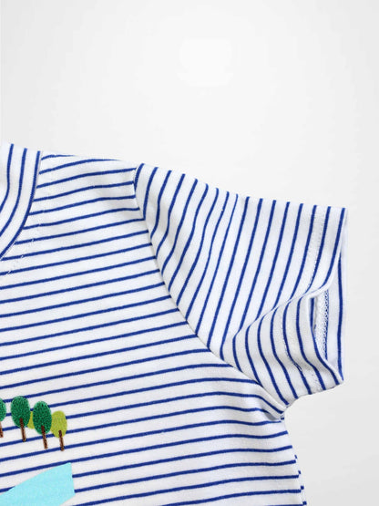 Eiffel Tower Shorts Set for little boys; white and blue striped short-sleeve top