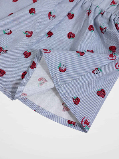 Strawberry print girls skirt by Adee in light blue striped fabric.
