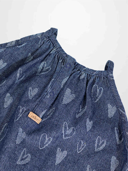 Adee Denim Heart Jumper for girls, blue denim with light heart prints and elastic neckline.