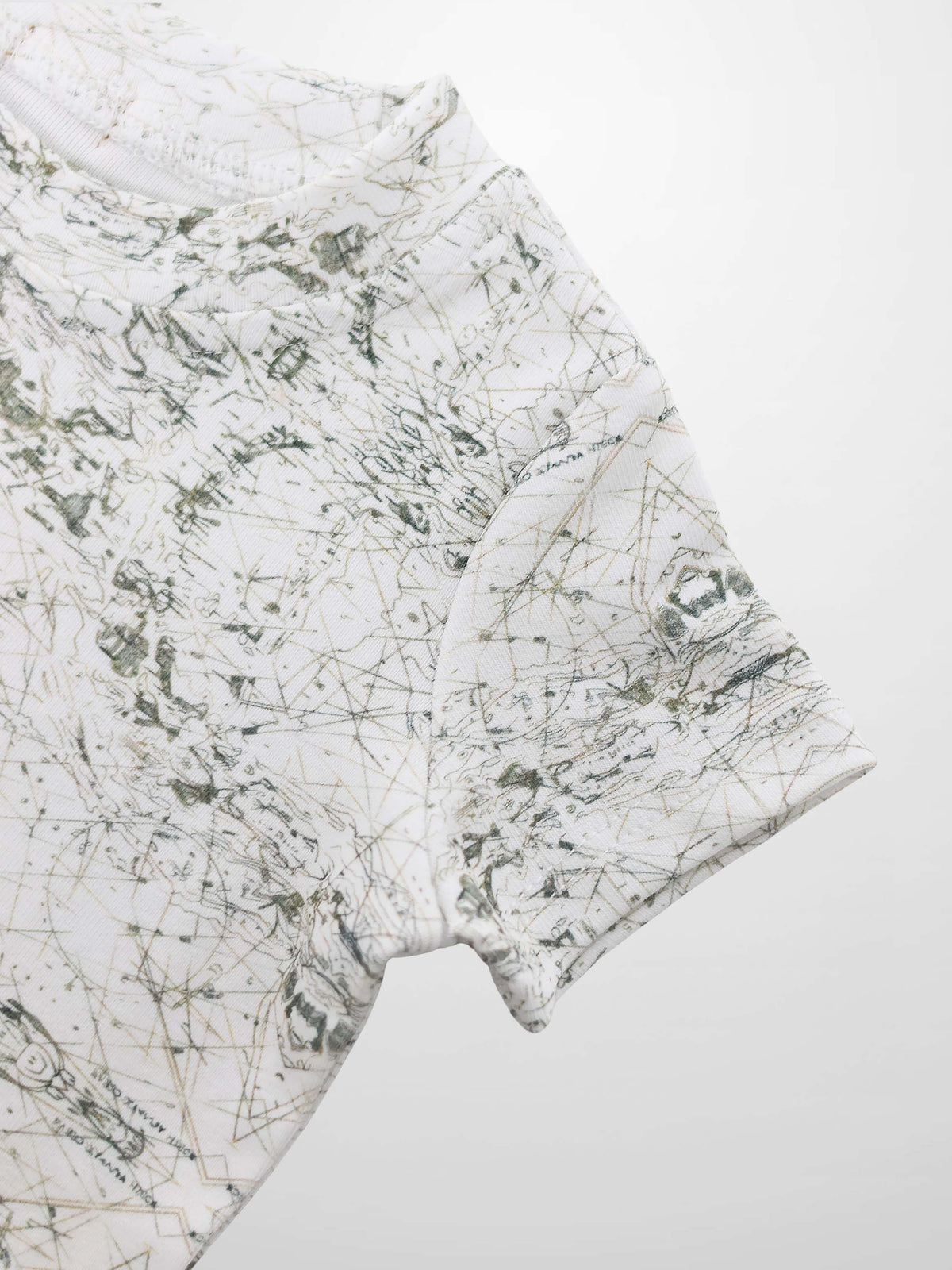 Map T-shirt for boys with a finely sketched sage green map print on white fabric