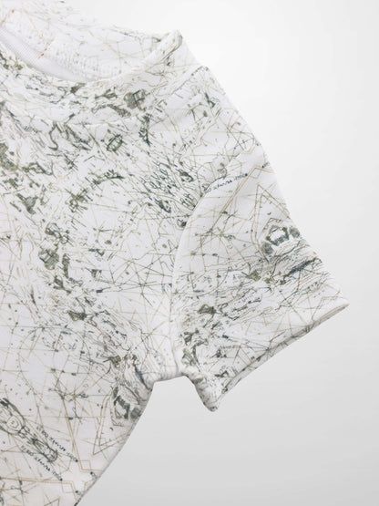 Map T-shirt for boys with a finely sketched sage green map print on white fabric