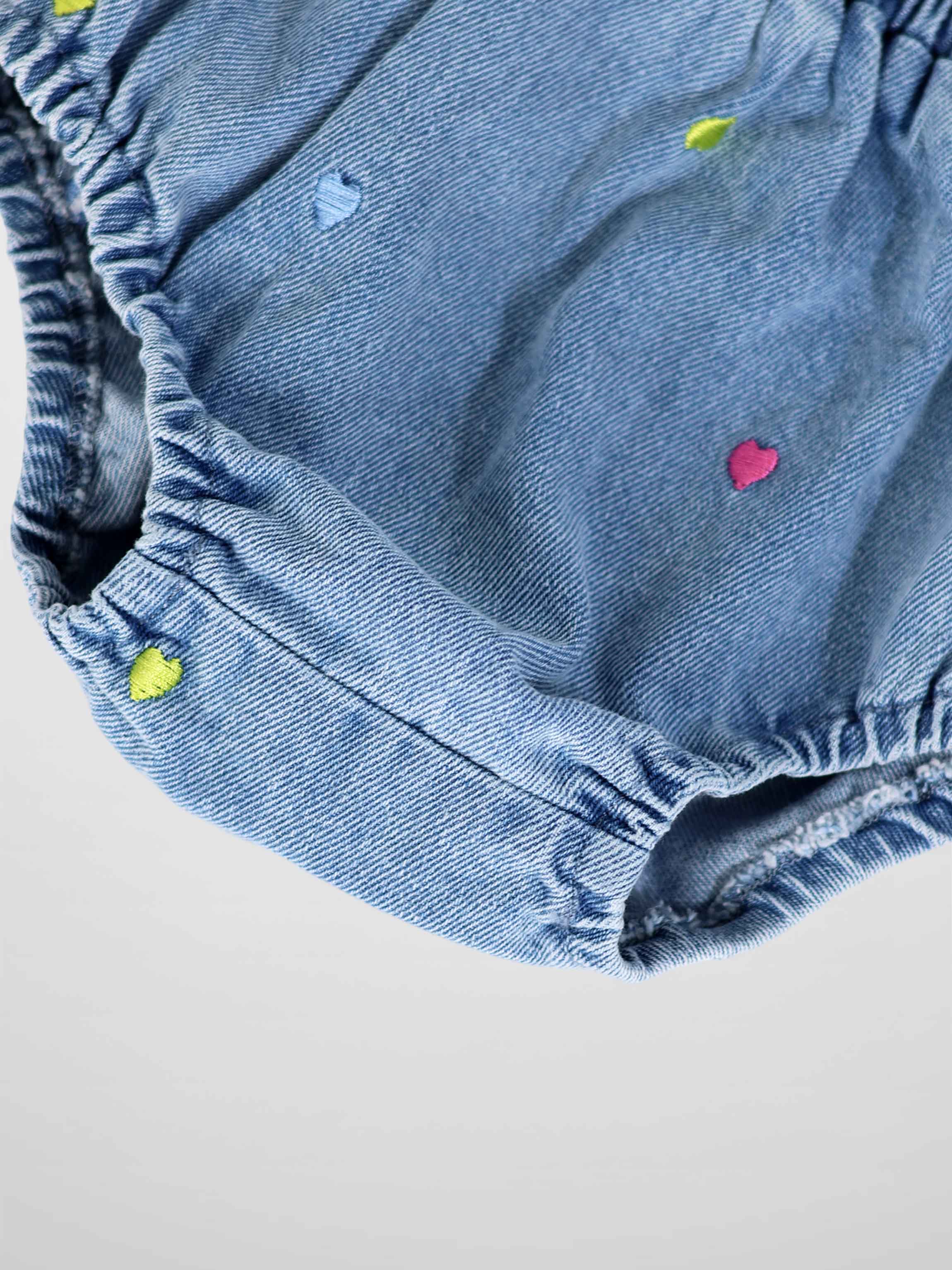 Embroidered Heart Denim Bloomers with colorful hearts and elastic cuffs.