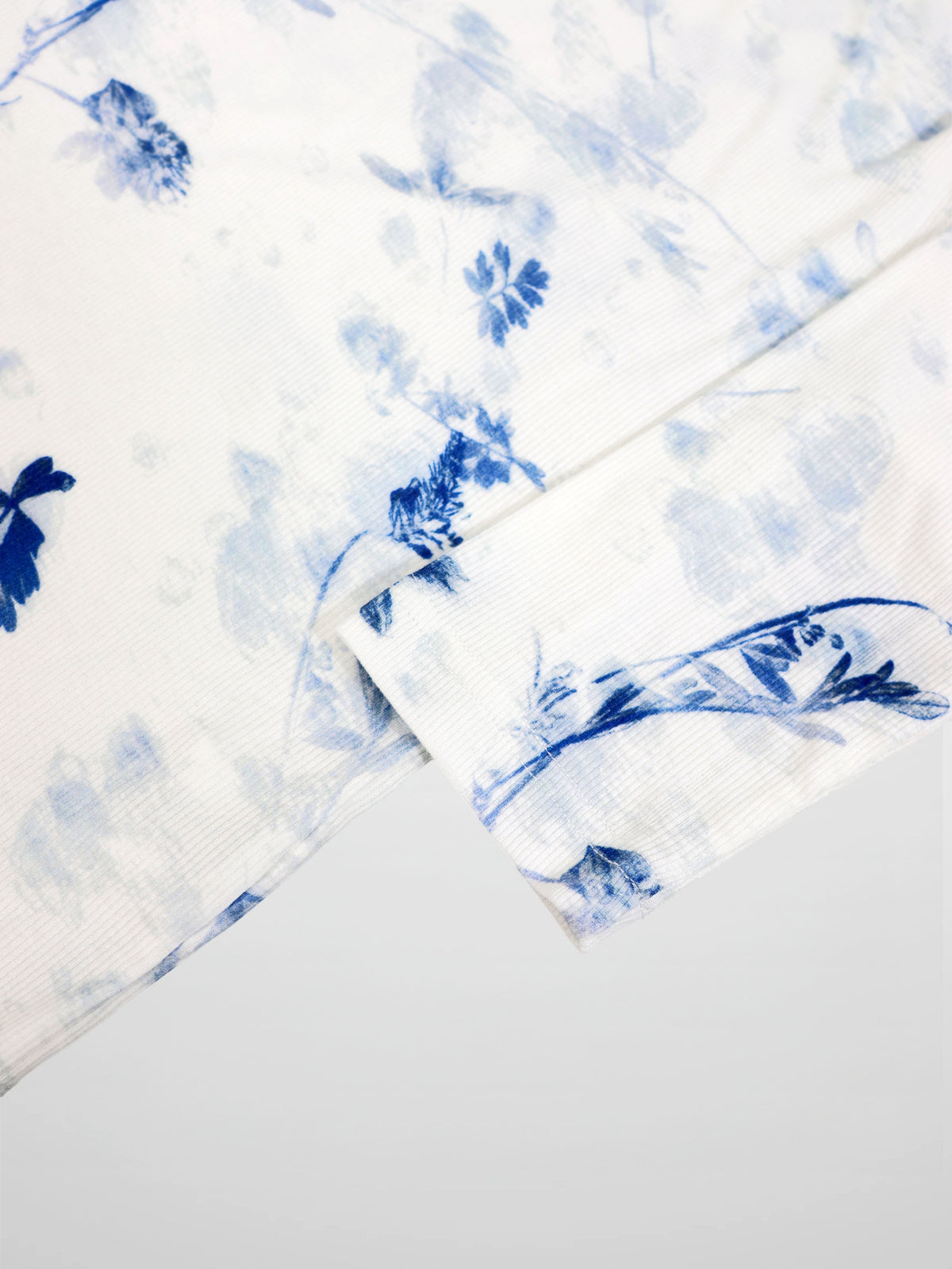 Blue Flower T-Shirt for girls, 3/4 sleeves, white fabric with blue floral print.