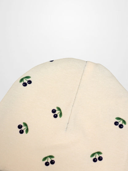 Blue Cherry Hat for boys; beige knit fabric with blue cherry print