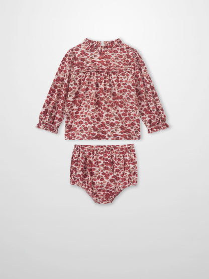 Red Flower Shirt &amp; Bloomers Set for little girls by Adee; two-piece pink floral print outfit.