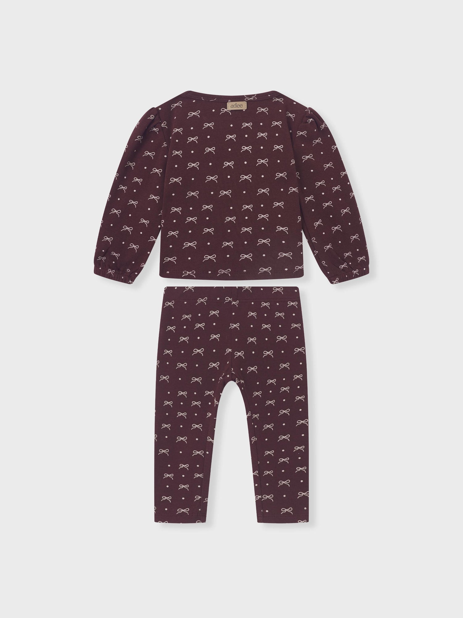 Adee Burgundy Bow Set for little girls; 2-piece top and pants with white bows and dots