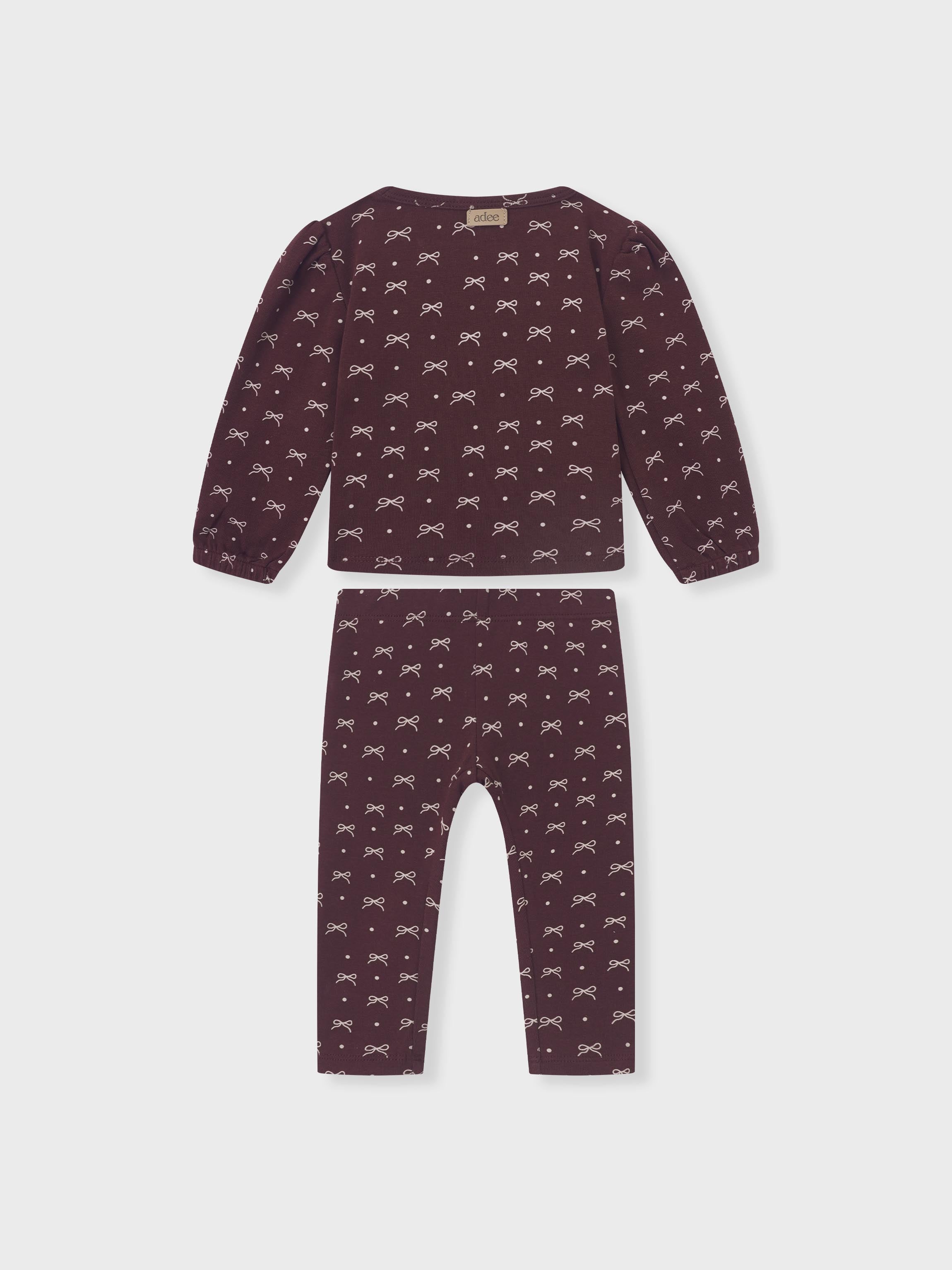 Adee Burgundy Bow Set for little girls; 2-piece top and pants with white bows and dots