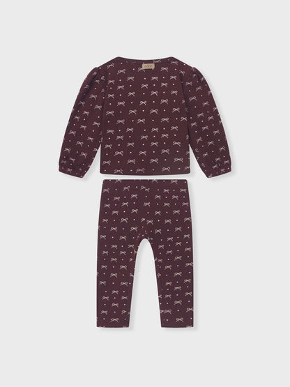 Adee Burgundy Bow Set for little girls; 2-piece top and pants with white bows and dots
