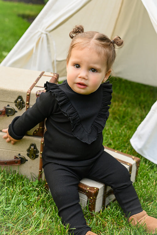 Ruffle Thin Ribbed Pajama for girls in black with ruffle trim