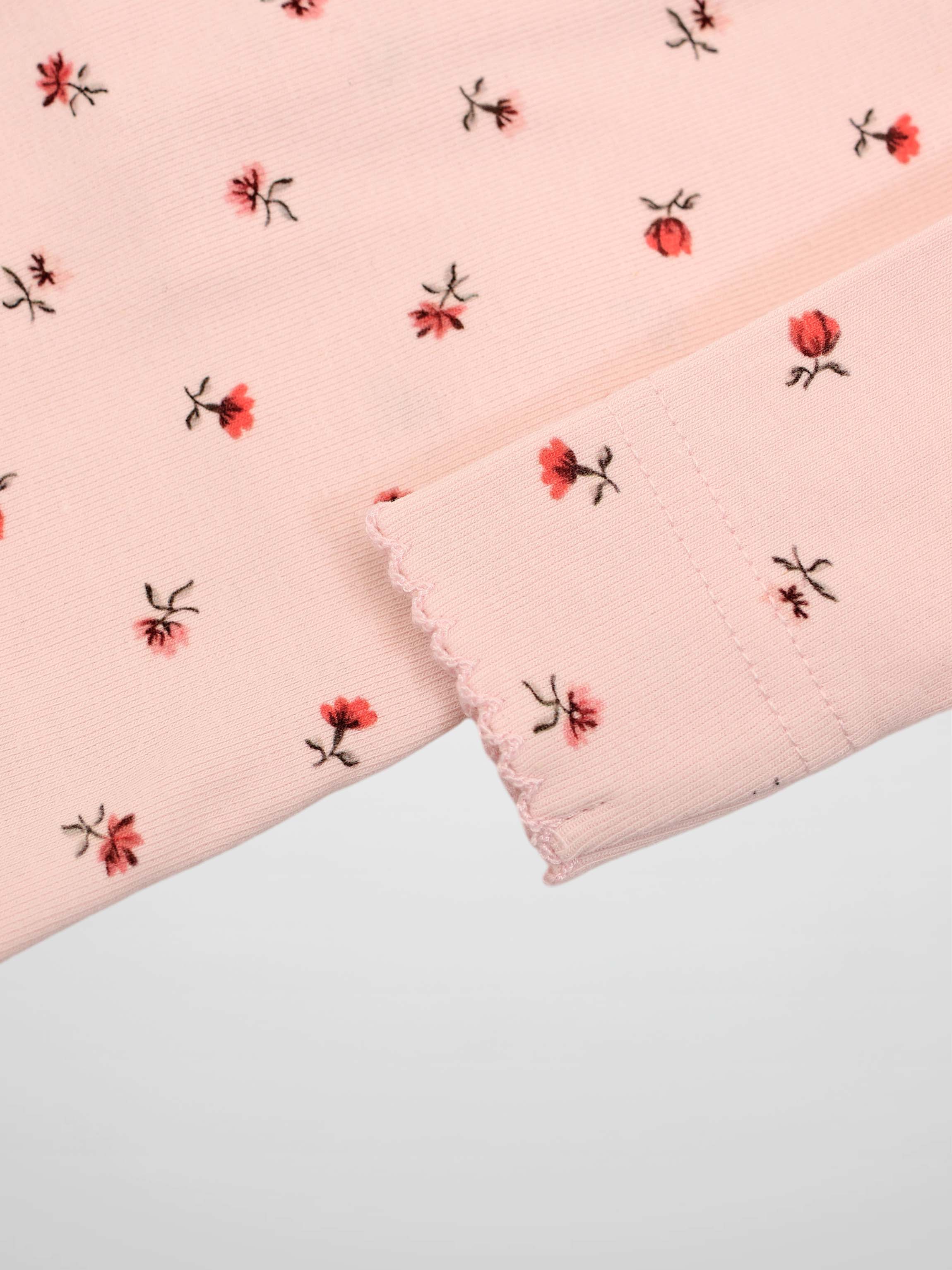 Pink Petal Stretchy girls top with small red floral prints and scalloped cuff