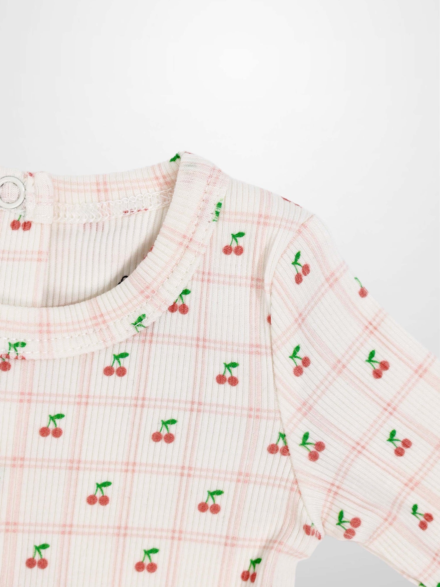 Cherry Window Stretchy girls stretchies in soft pink plaid knit with tiny cherry print; Adee