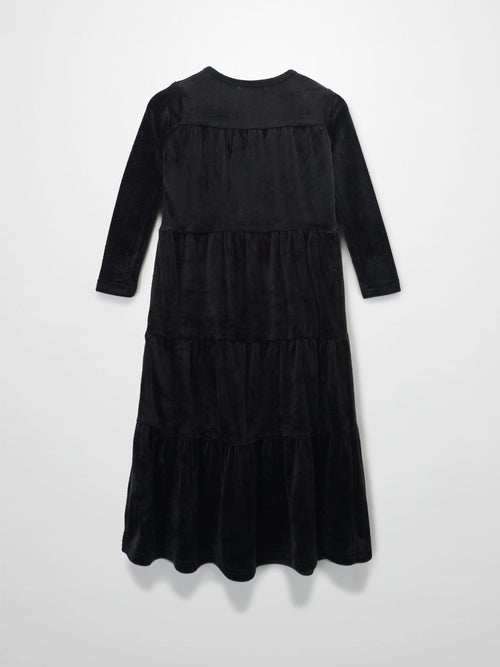 Tiered black velour robe for girls, long-sleeve maxi-length dress with plush, cozy fabric.