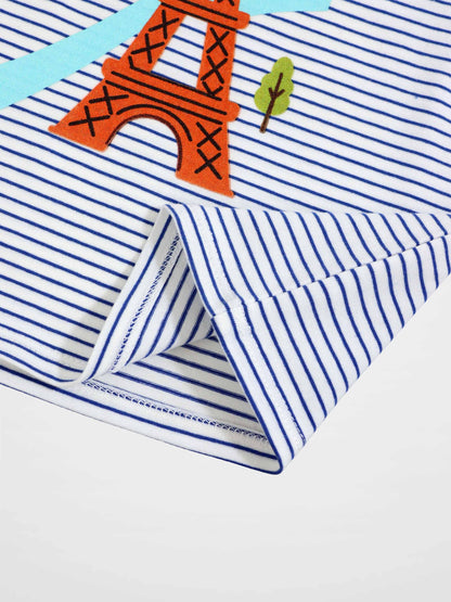 Eiffel Tower Shorts Set by Adee; blue and white striped fabric with orange Eiffel Tower motif for little boys