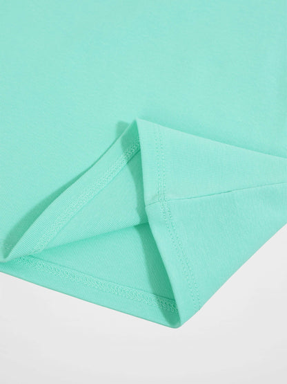 Thin ribbed mint green T-shirt fabric with folded hem and visible stitching.