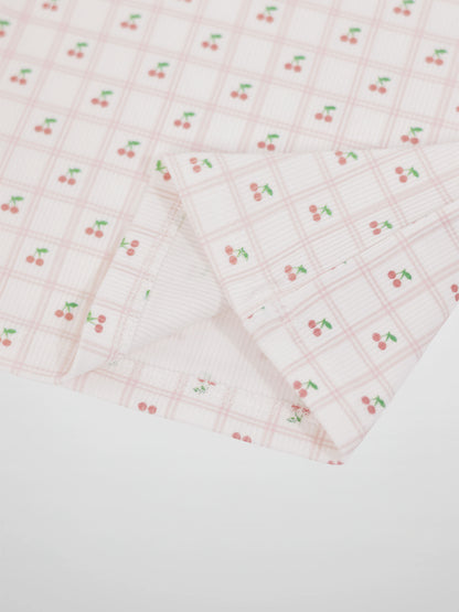 Cherry Window Pajamas for girls in light pink plaid with small cherries