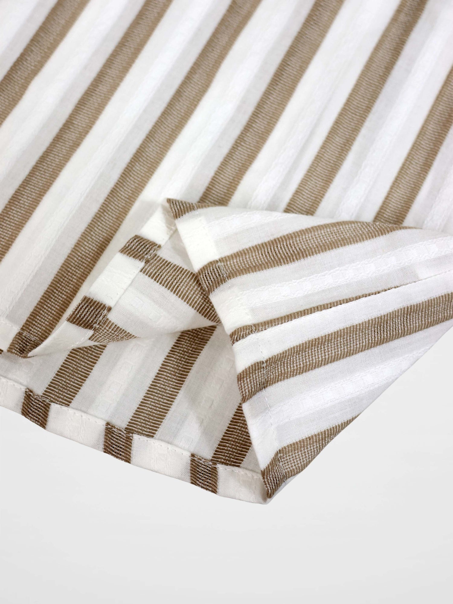 Tan and white striped shirt for boys, dressy top with cuff detail.