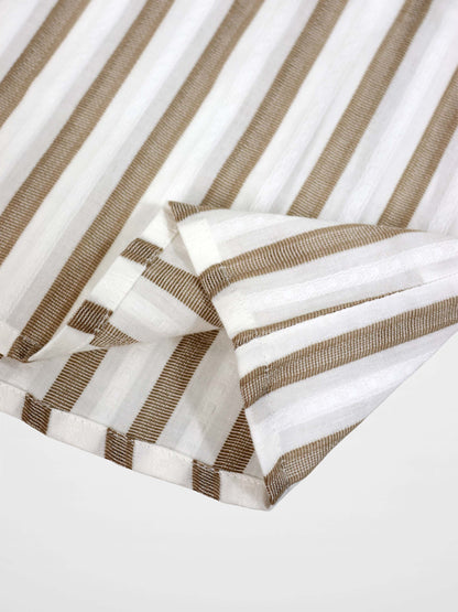 Tan and white striped shirt for boys, dressy top with cuff detail.