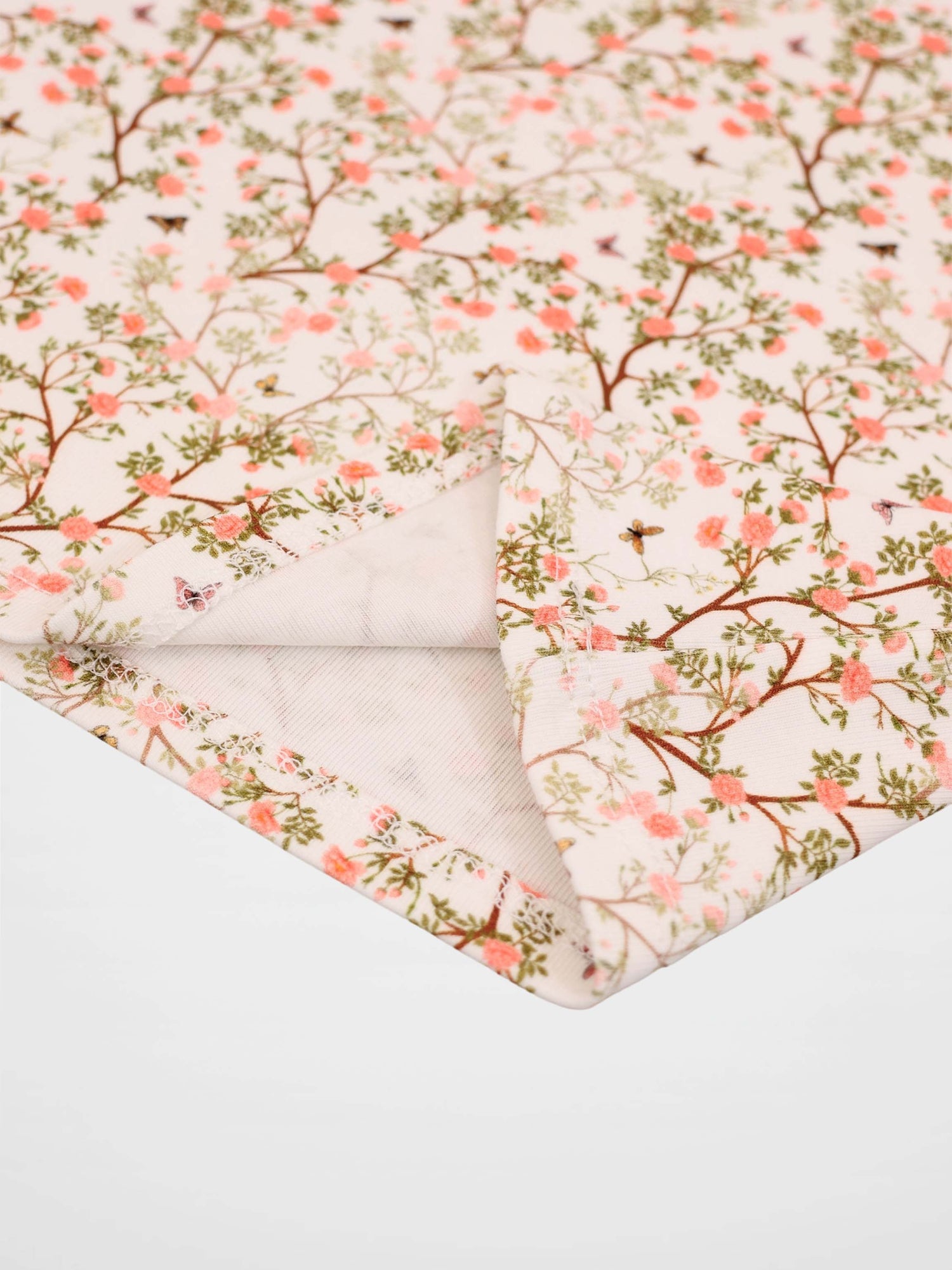 Spring Floral Short Sleeve T-Shirt; pink blossom print on pale background.