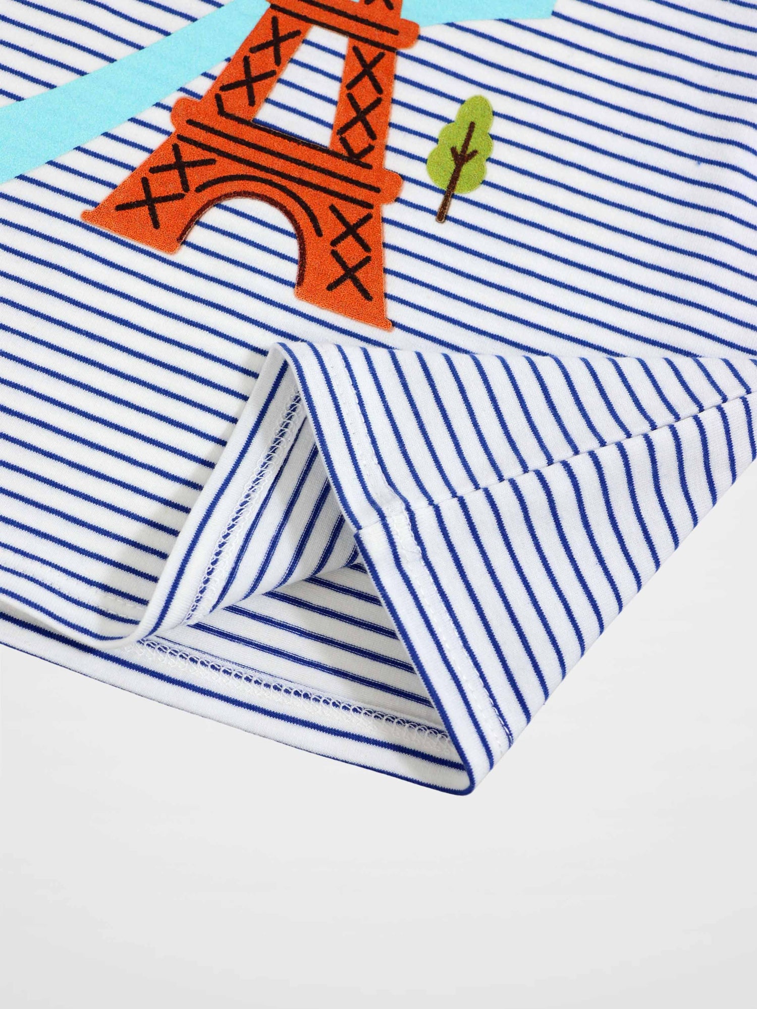 Eiffel Tower Bloomers &amp; Tank Set for little boys, Adee, blue and white striped fabric with orange Eiffel Tower graphic
