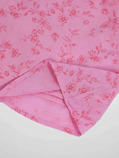 Pink Flower Dress - Short Sleeve; pink floral print fabric