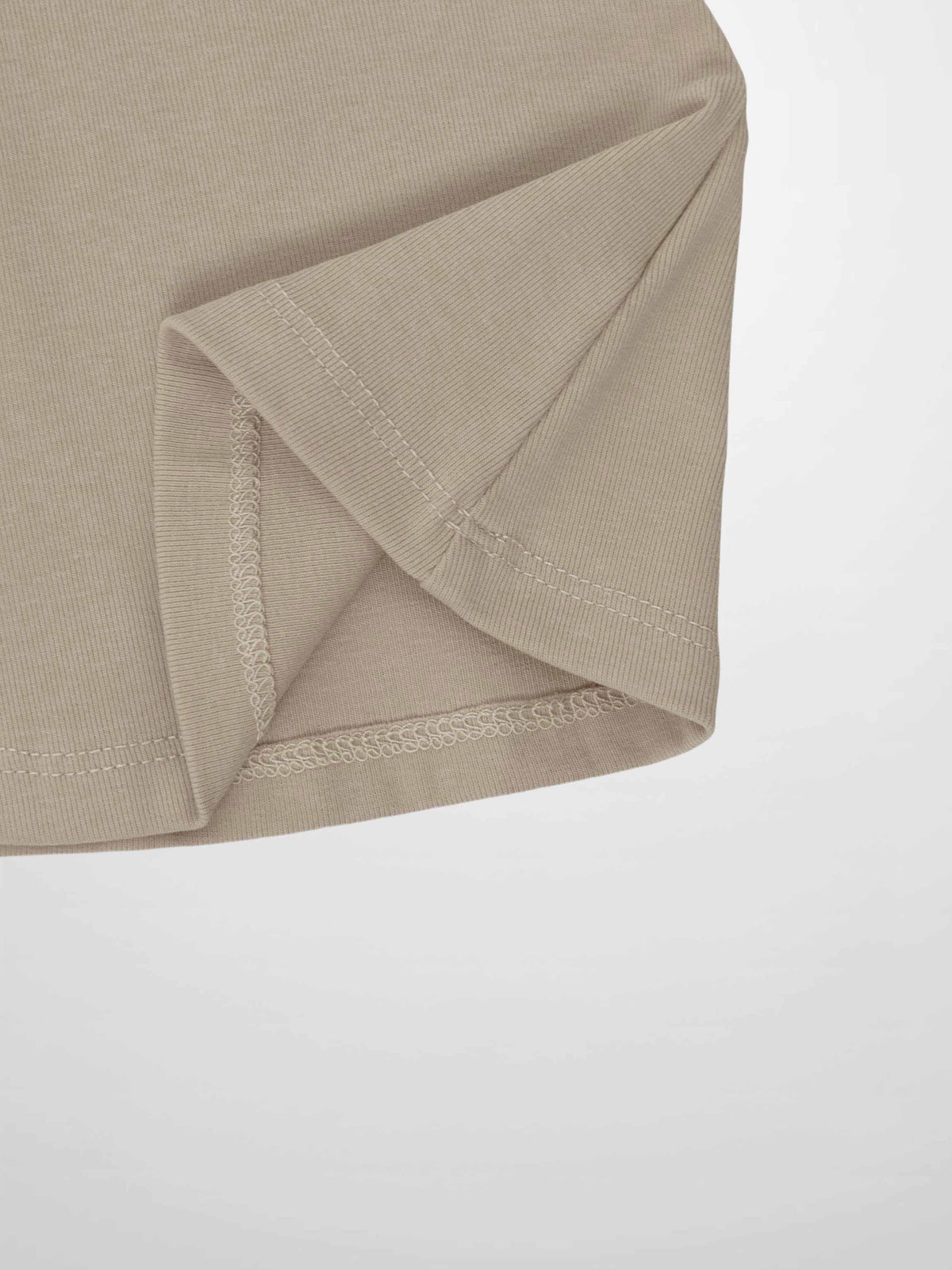 Taupe 6 Panel Skirt close-up of folded hem and topstitching.