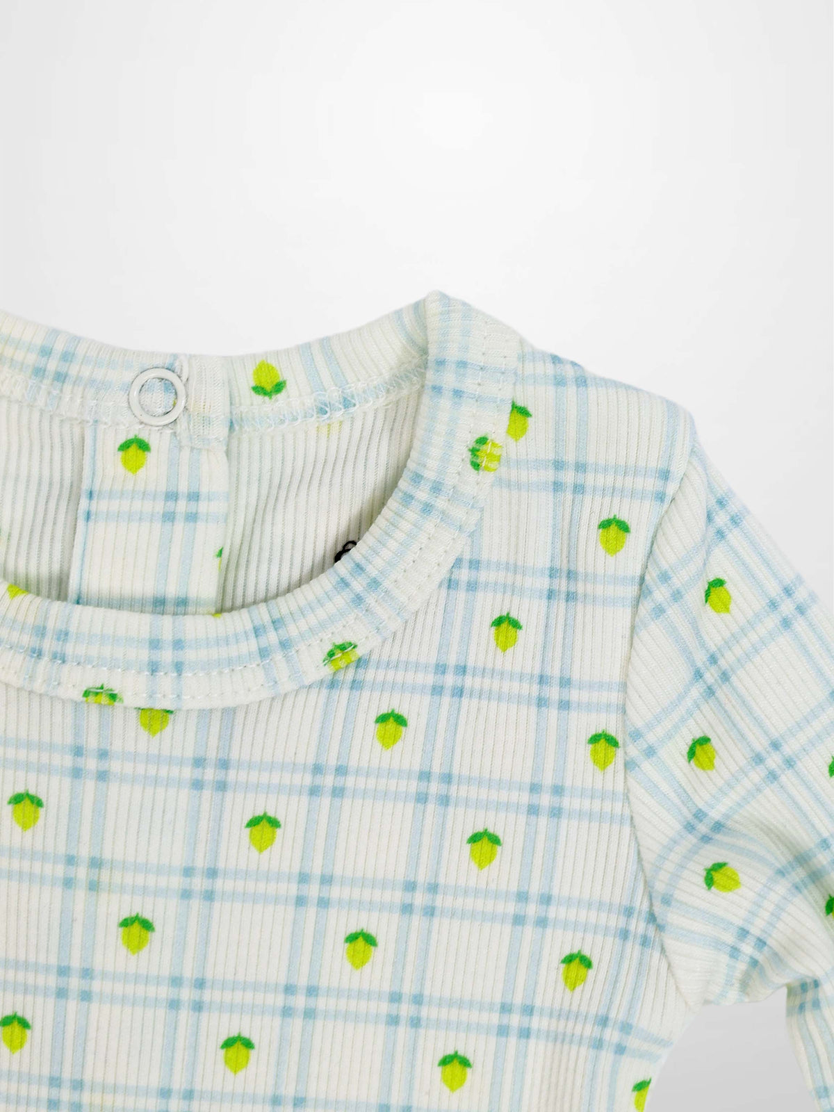 Lemon Window Stretchy, Adee boys top in white base with light blue plaid and lime lemon prints