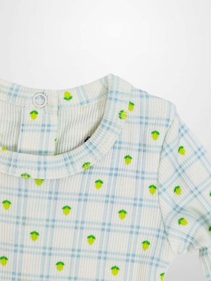 Lemon Window Stretchy, Adee boys top in white base with light blue plaid and lime lemon prints