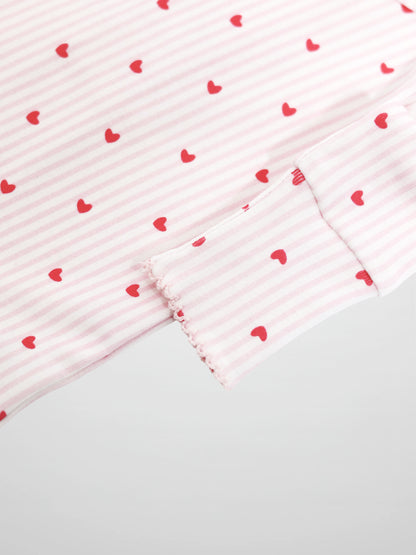 Pink Heart Stretchy with Lace girls’ top cuff; light pink and white stripes with red hearts