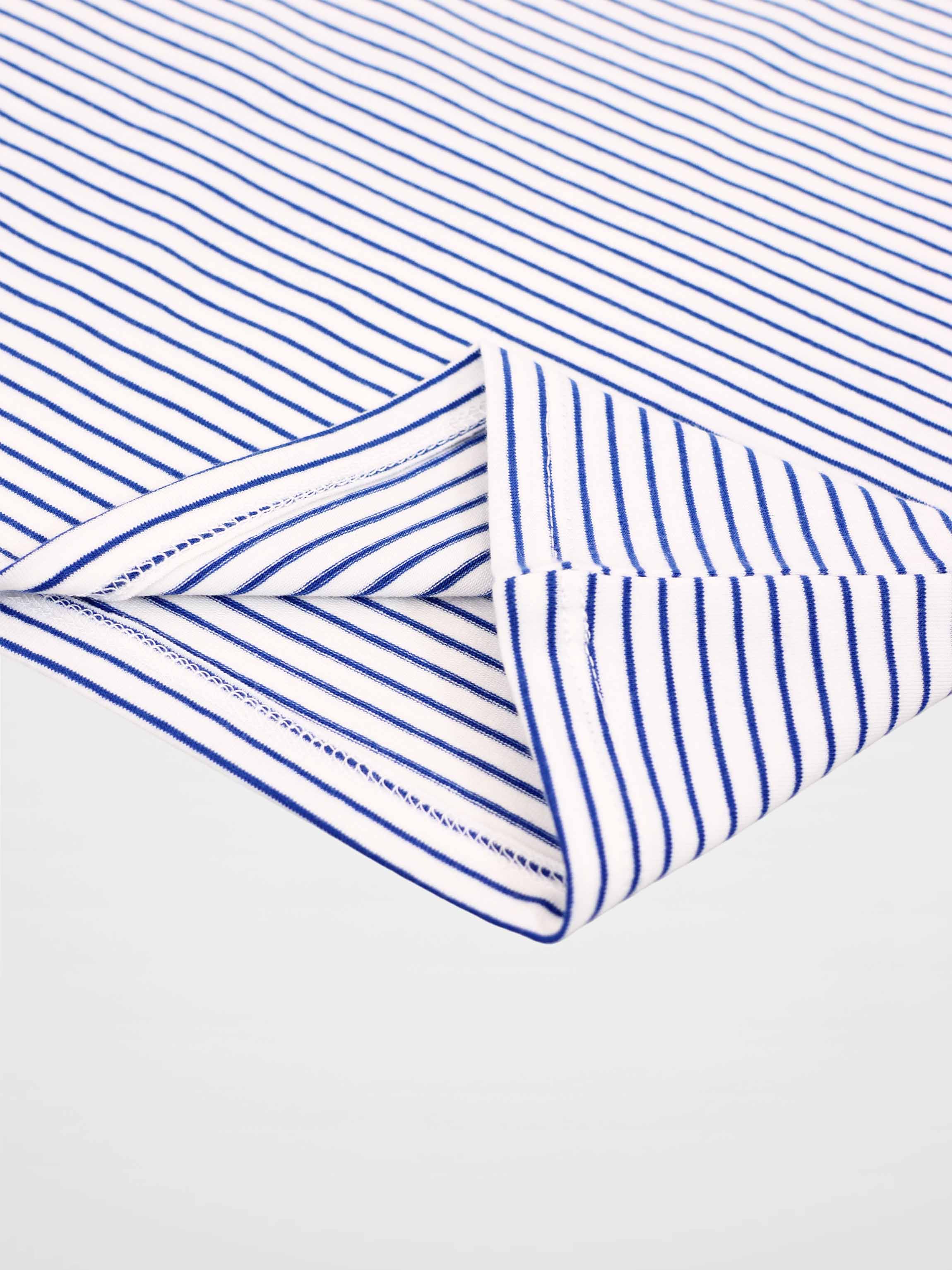 Blue striped boxy t-shirt for boys; white base with navy stripes.