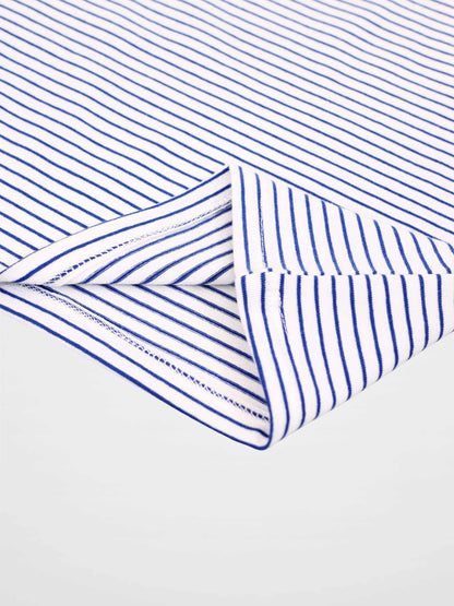 Blue striped boxy t-shirt for boys; white base with navy stripes.