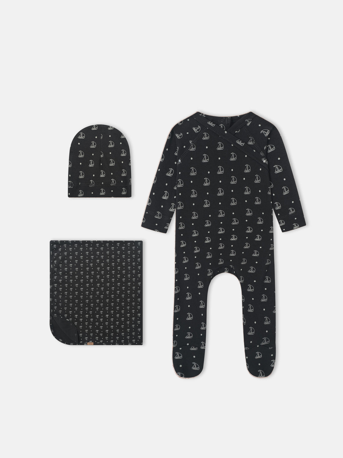 Harbor Dot layette set, 3-piece navy ensemble with white sailboat print by Adee