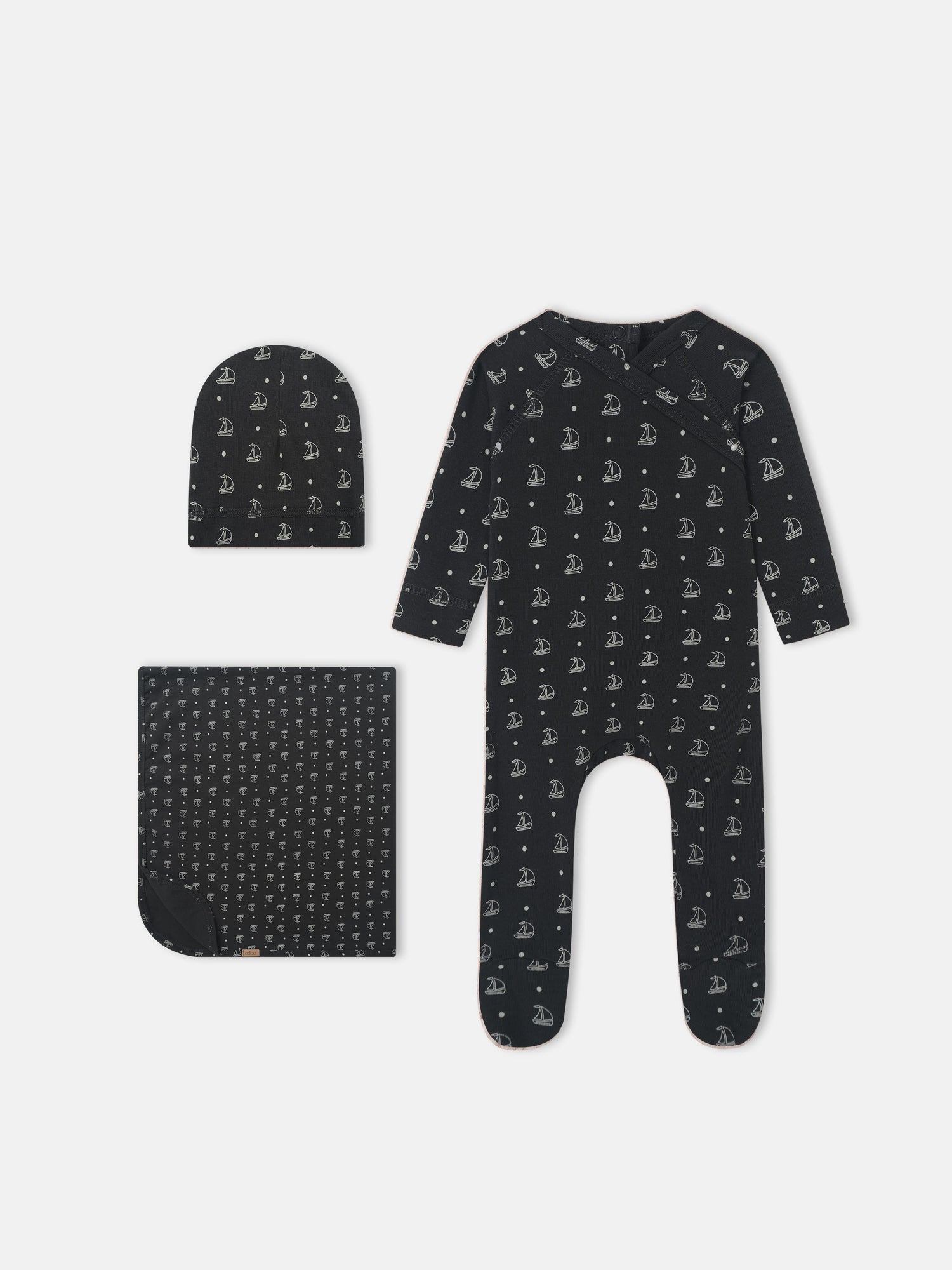 Harbor Dot layette set, 3-piece navy ensemble with white sailboat print by Adee
