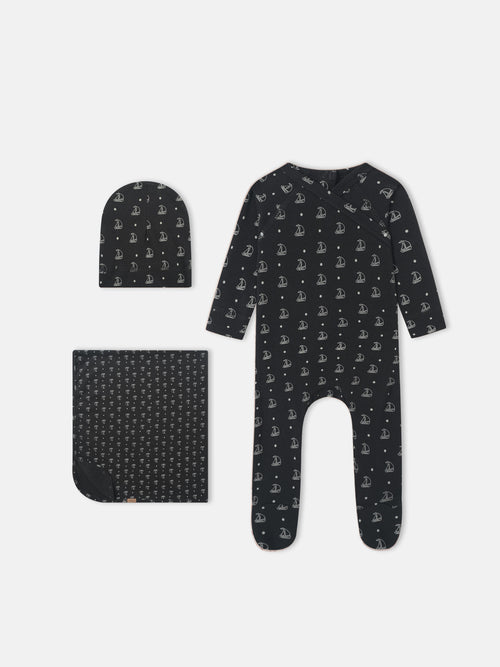 Harbor Dot layette set, 3-piece navy ensemble with white sailboat print by Adee