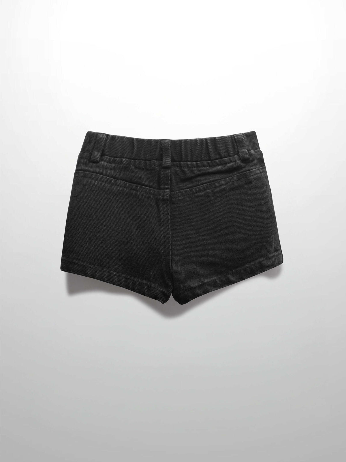 Back view of black denim shorts